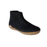 Dark grey ankle boot with  honey rubber sole on a white background
