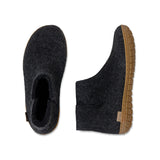 Dark gray slippers with  honey rubber soles on a white background