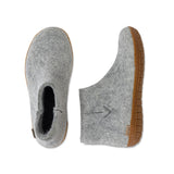 Gray ankle boot with honey rubber sole on a white background