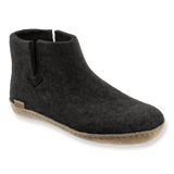 Charcoal wool boot with a leather sole.