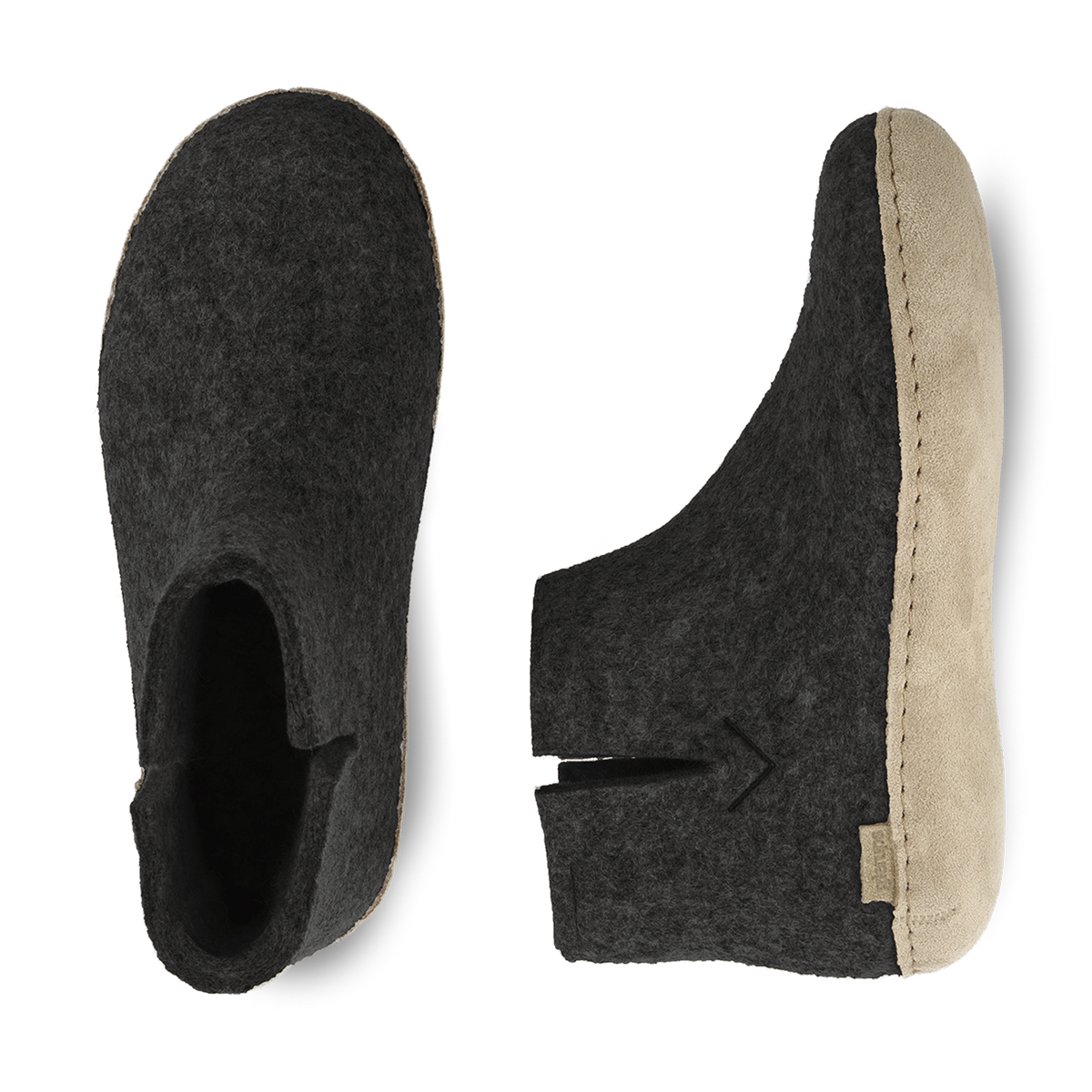 Side view & top view of a Charcoal wool boot with a leather sole.