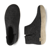 Side view & top view of a Charcoal wool boot with a leather sole.
