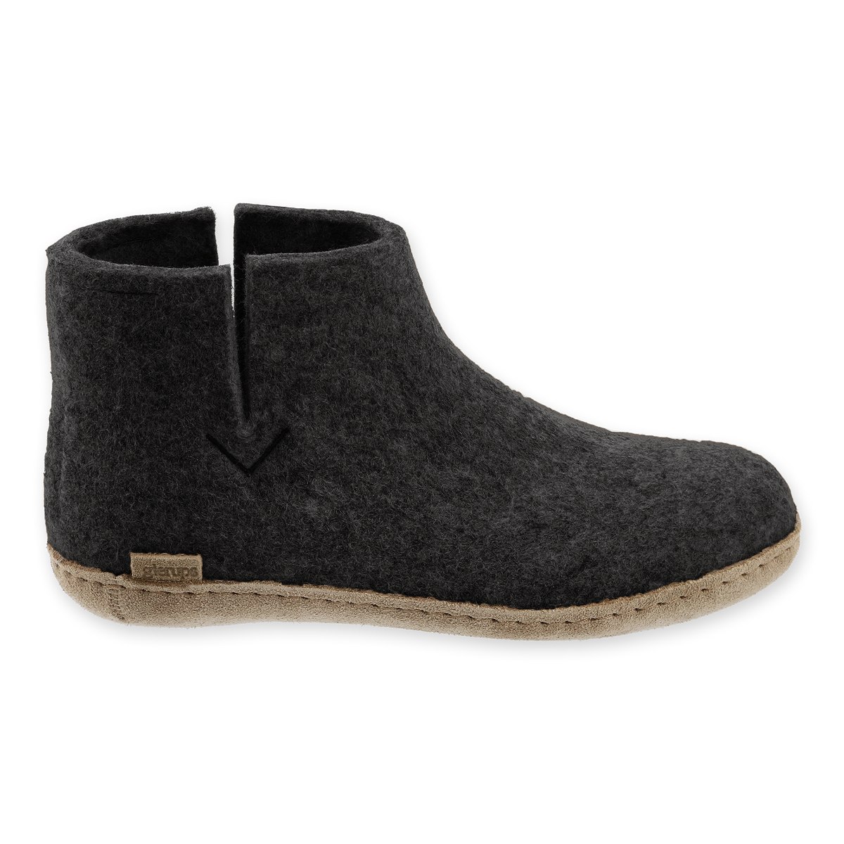 Charcoal wool boot with a leather sole.