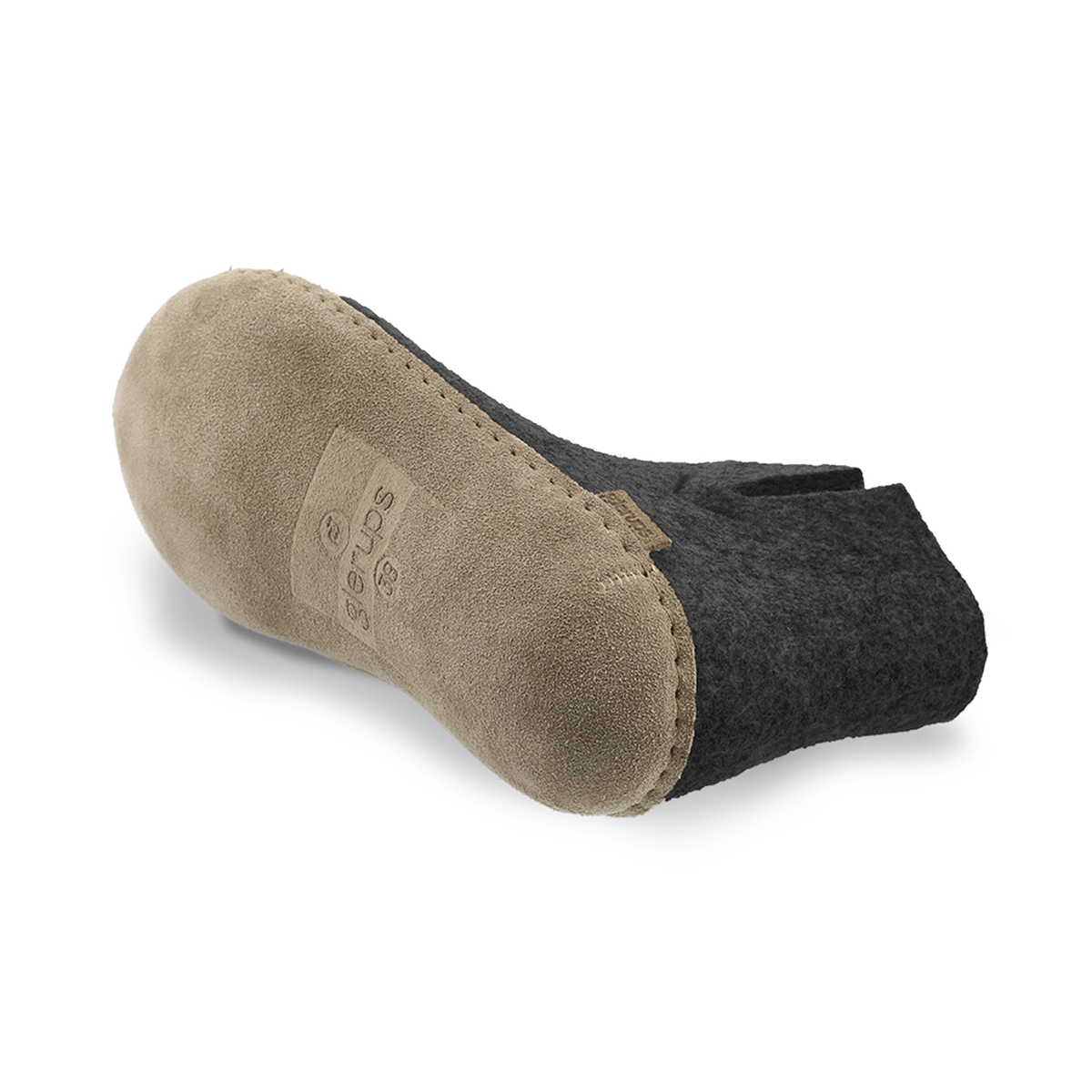 Bottom view of a Charcoal wool boot with a leather sole.
