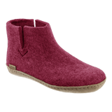 Cranberry wool boot with a leather sole.