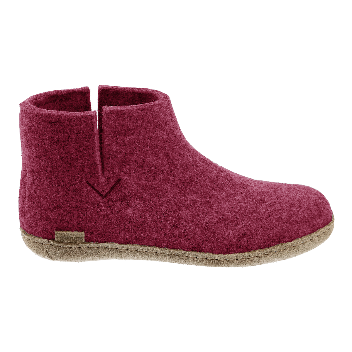 Cranberry wool boot with a leather sole.
