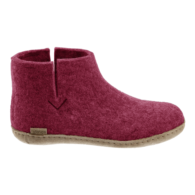 Cranberry wool boot with a leather sole.