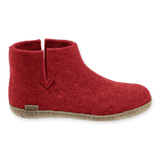 Red wool boot with leather sole.