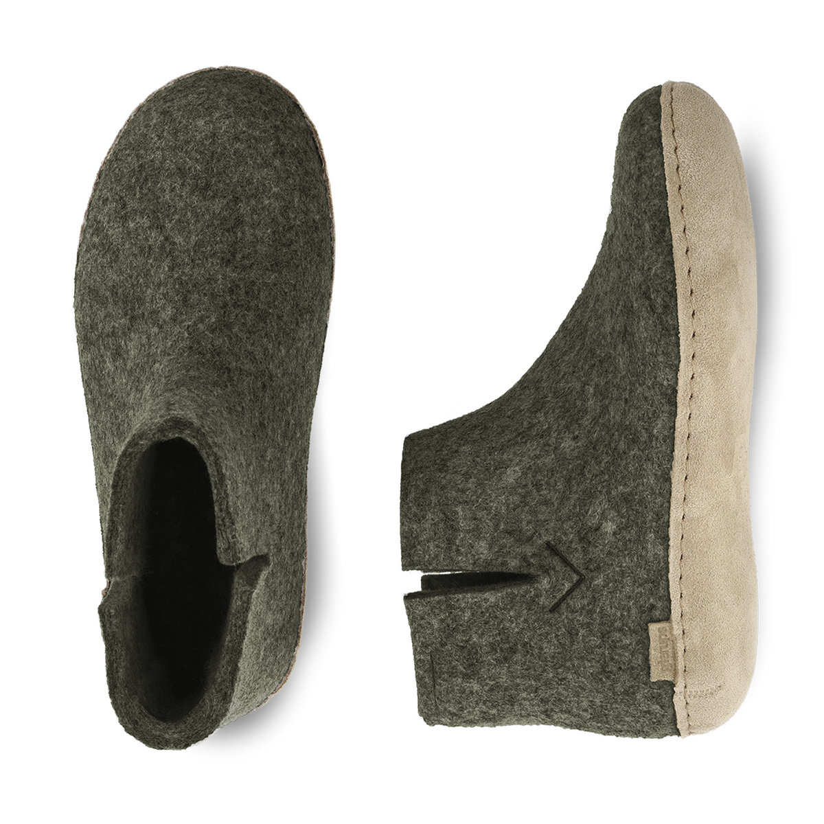 Top and side view of a Forrest Green wool boot with a leather sole.