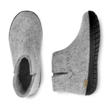 Top and side view of a Grey wool boot with a black rubber sole.