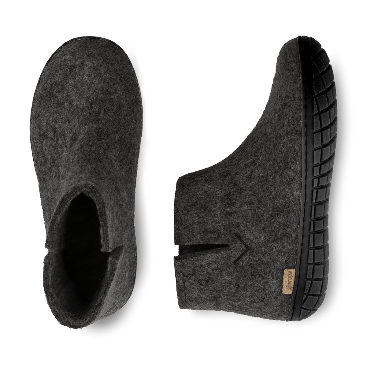 Top and bottom view of a Black wool boot with a black rubber sole.