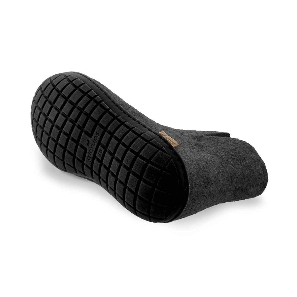 Bottom view of a Black wool boot with a black rubber sole.