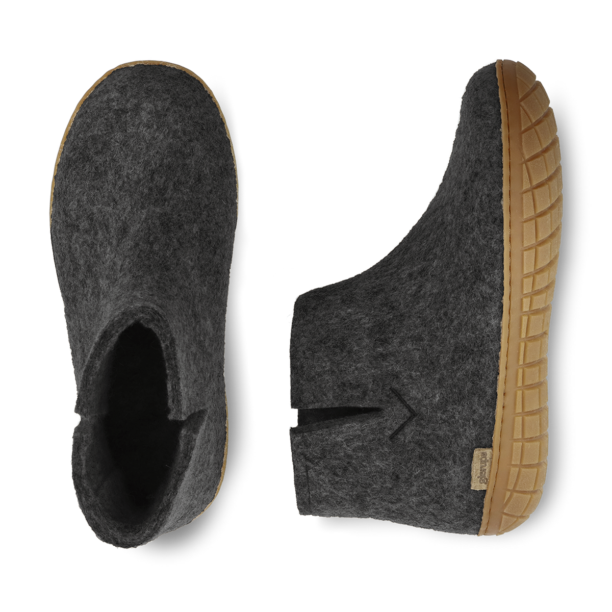 top view and side view of a Charcoal wool boot with a natural rubber sole on a white background