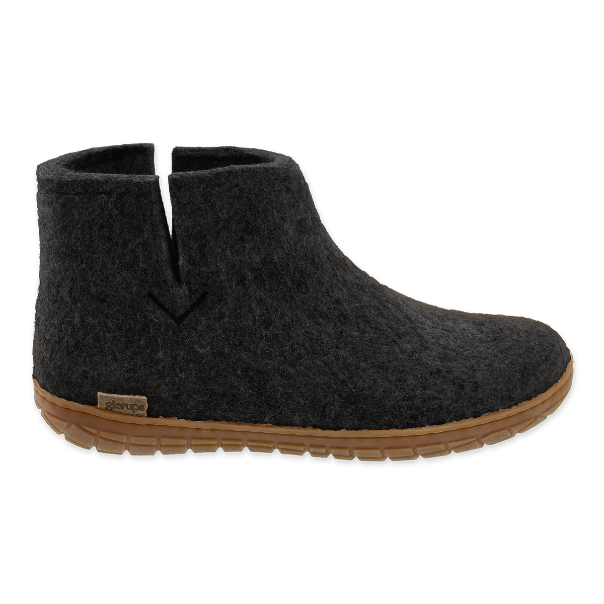 Charcoal wool boot with a natural rubber sole on a white background