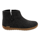 Charcoal wool boot with a natural rubber sole on a white background