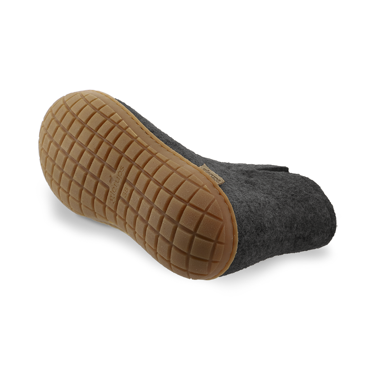 Bottom view of a charcoal wool boot with a natural rubber sole on a white background.