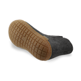 Bottom view of a charcoal wool boot with a natural rubber sole on a white background.