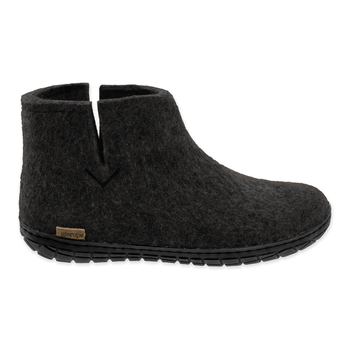 Black wool boot with a black rubber sole.