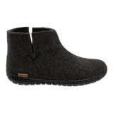 Black wool boot with a black rubber sole.