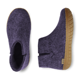 top & side view of a Purple wool boot with a natural rubber sole.