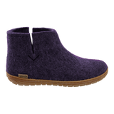 Purple wool boot with a natural rubber sole.