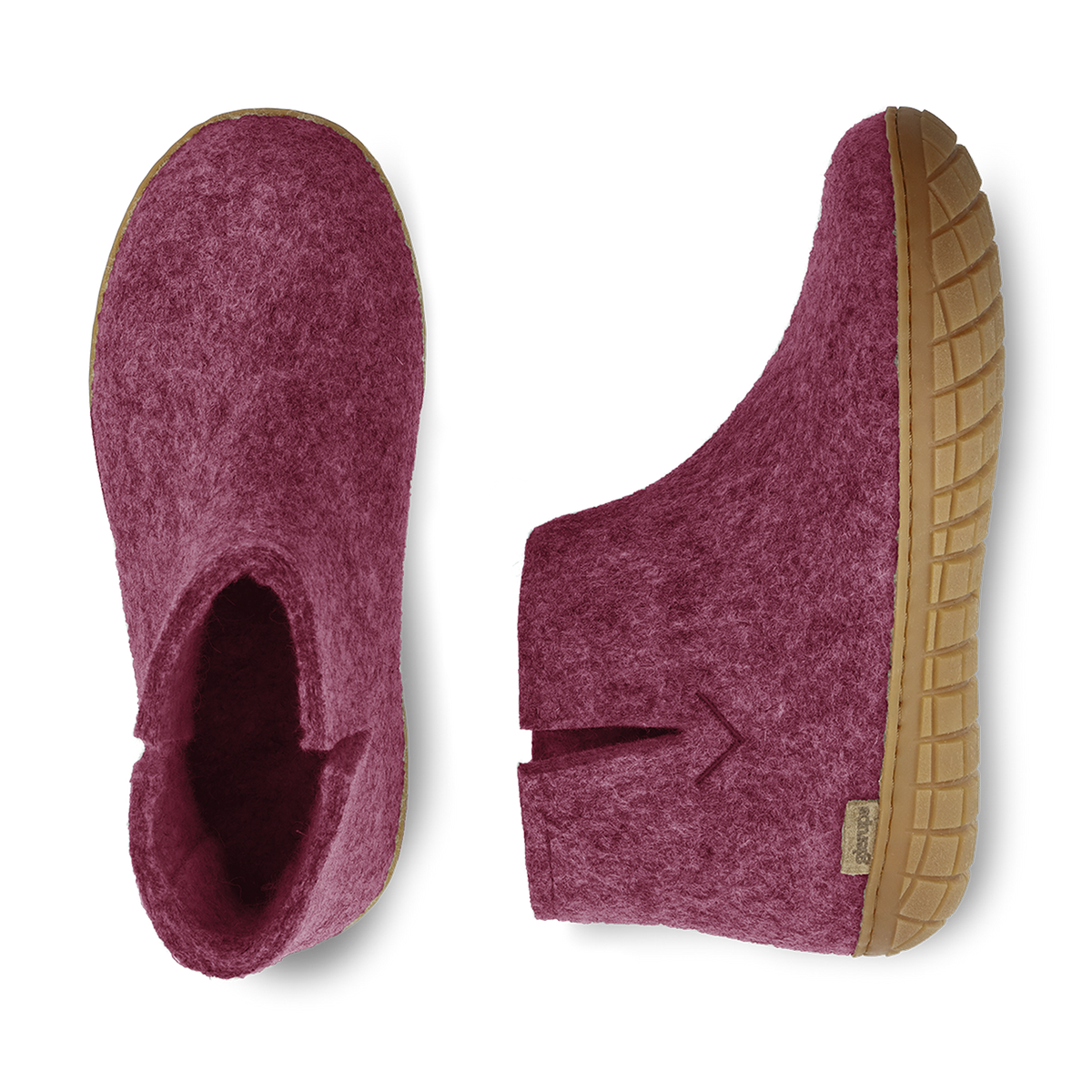Top view and side view of a cranberry wool boot with natural rubber sole on a white background.