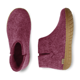 Top view and side view of a cranberry wool boot with natural rubber sole on a white background.