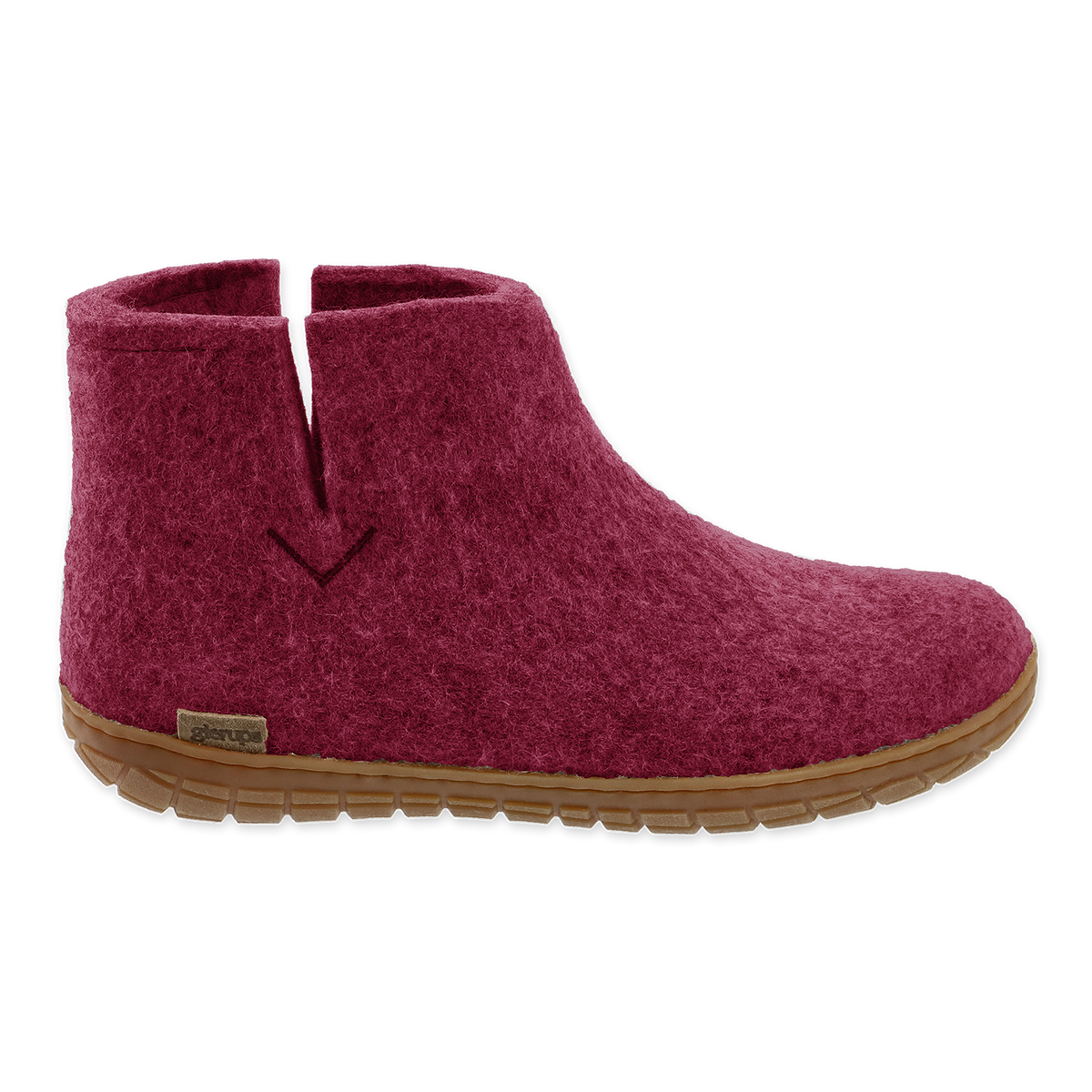 Cranberry wool boot with natural rubber sole on a white background.