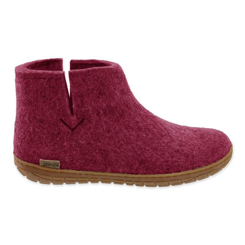 Cranberry wool boot with natural rubber sole on a white background.