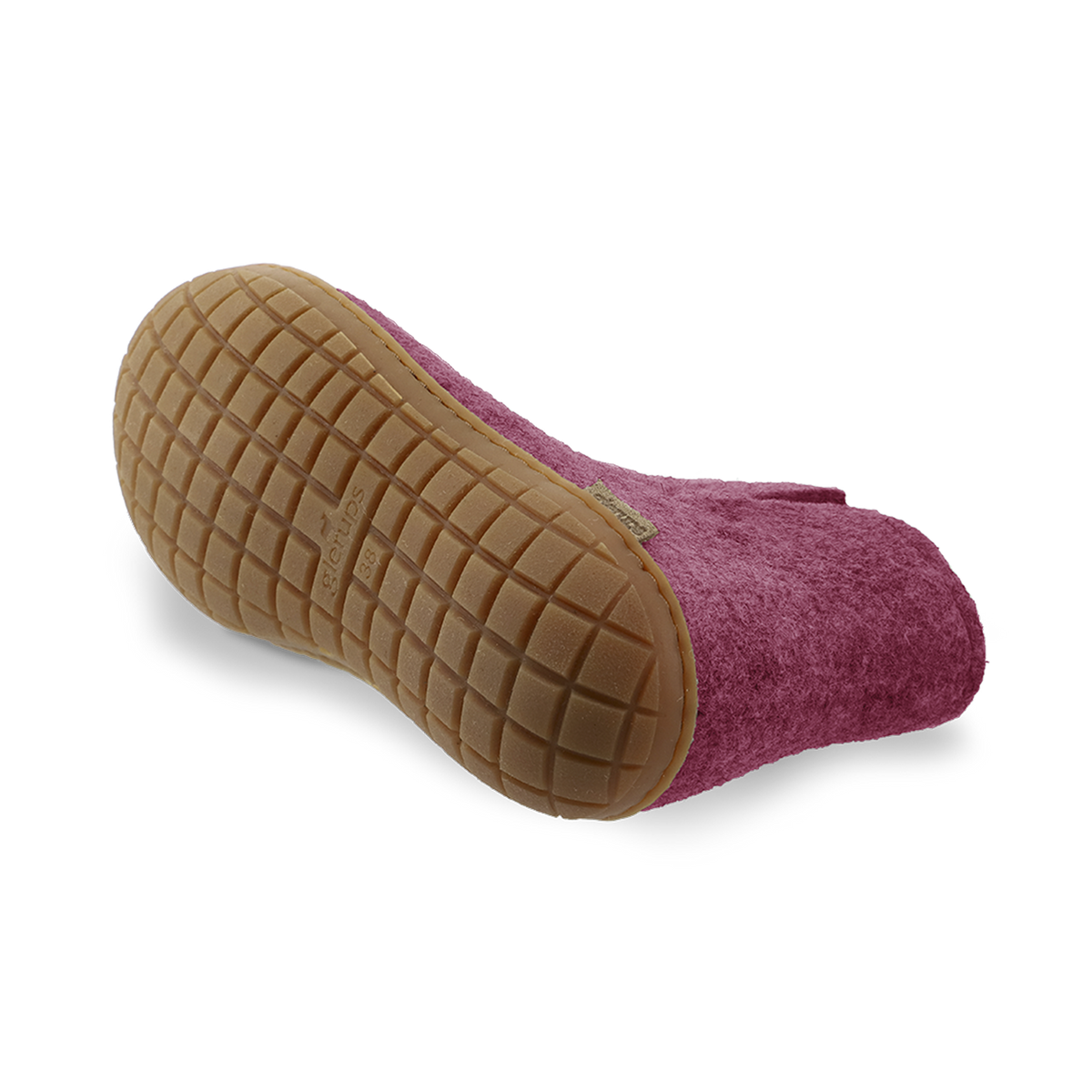 Bottom view of a cranberry wool boot with a natural rubber sole.