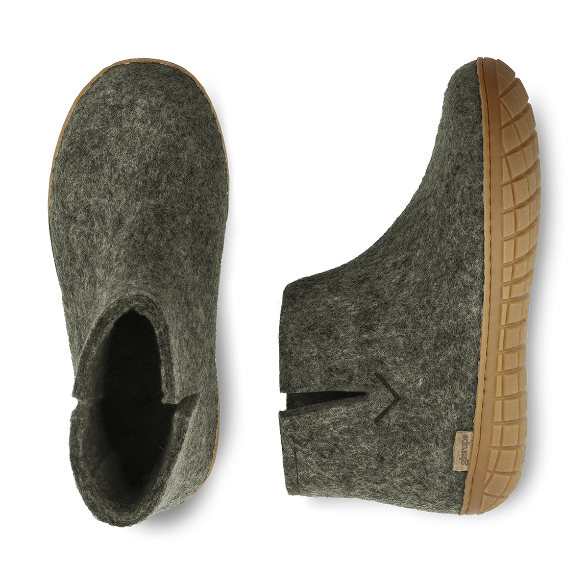 Top view and side view of a Forrest green wool boot with a natural rubber sole on a white background