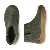 Top view and side view of a Forrest green wool boot with a natural rubber sole on a white background