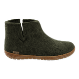 Forrest green wool boot with a natural rubber sole on a white background