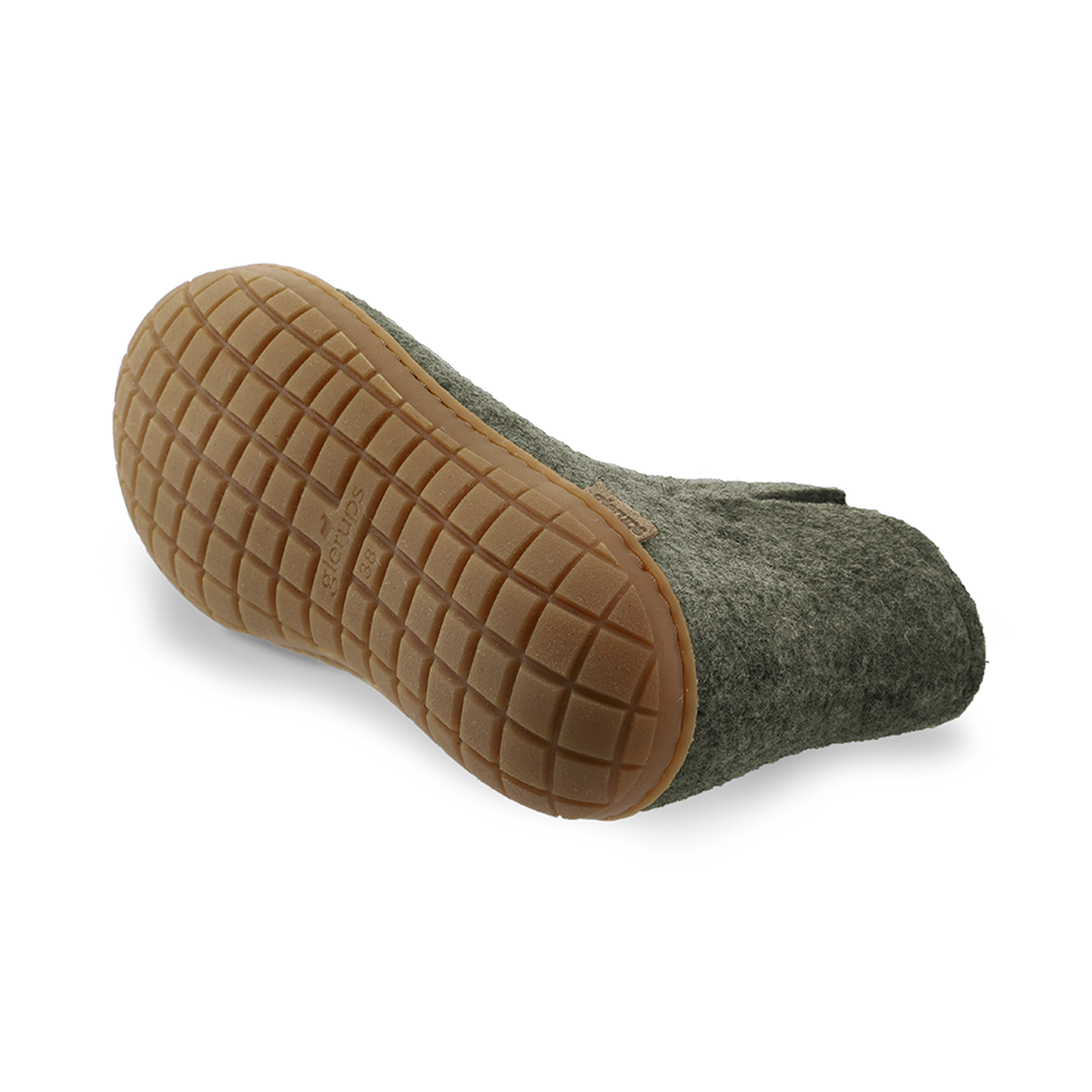Bottom view of a Forrest green wool boot with a natural rubber sole on a white background