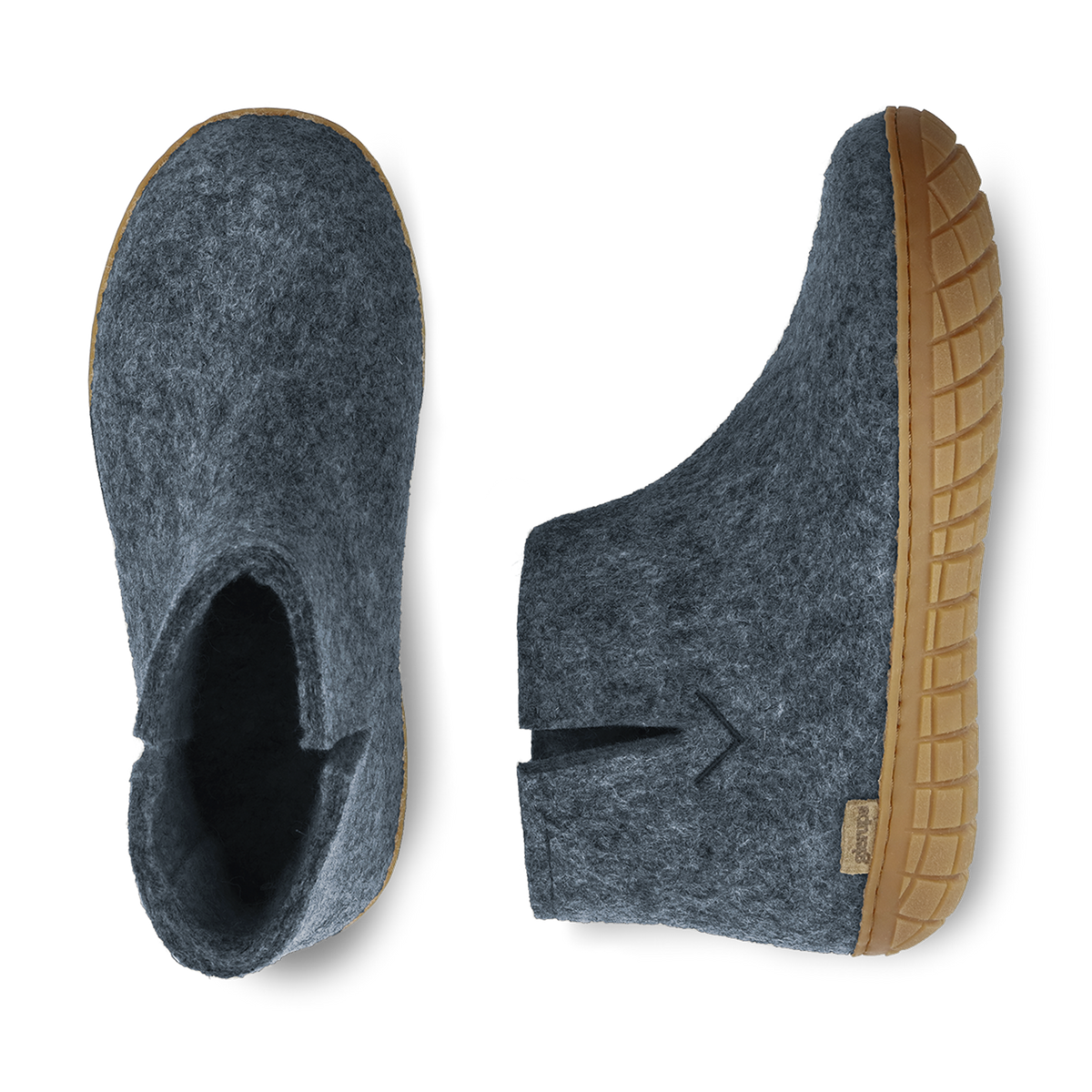 top and side view of a Denim wool boot with a natural rubber sole.