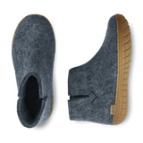 top and side view of a Denim wool boot with a natural rubber sole.