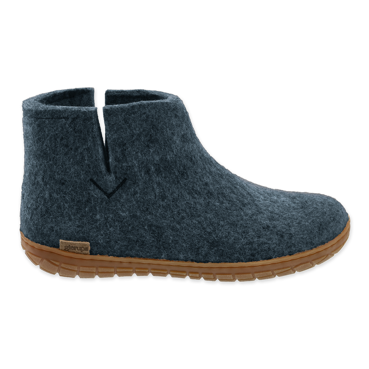 Denim wool boot with a natural rubber sole.