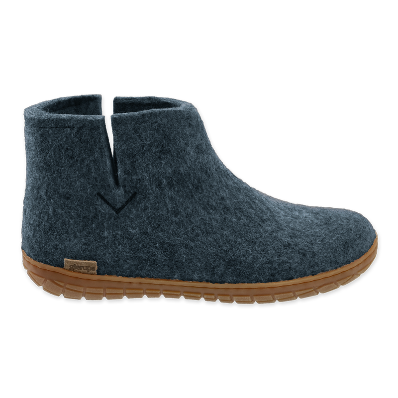 Denim wool boot with a natural rubber sole.