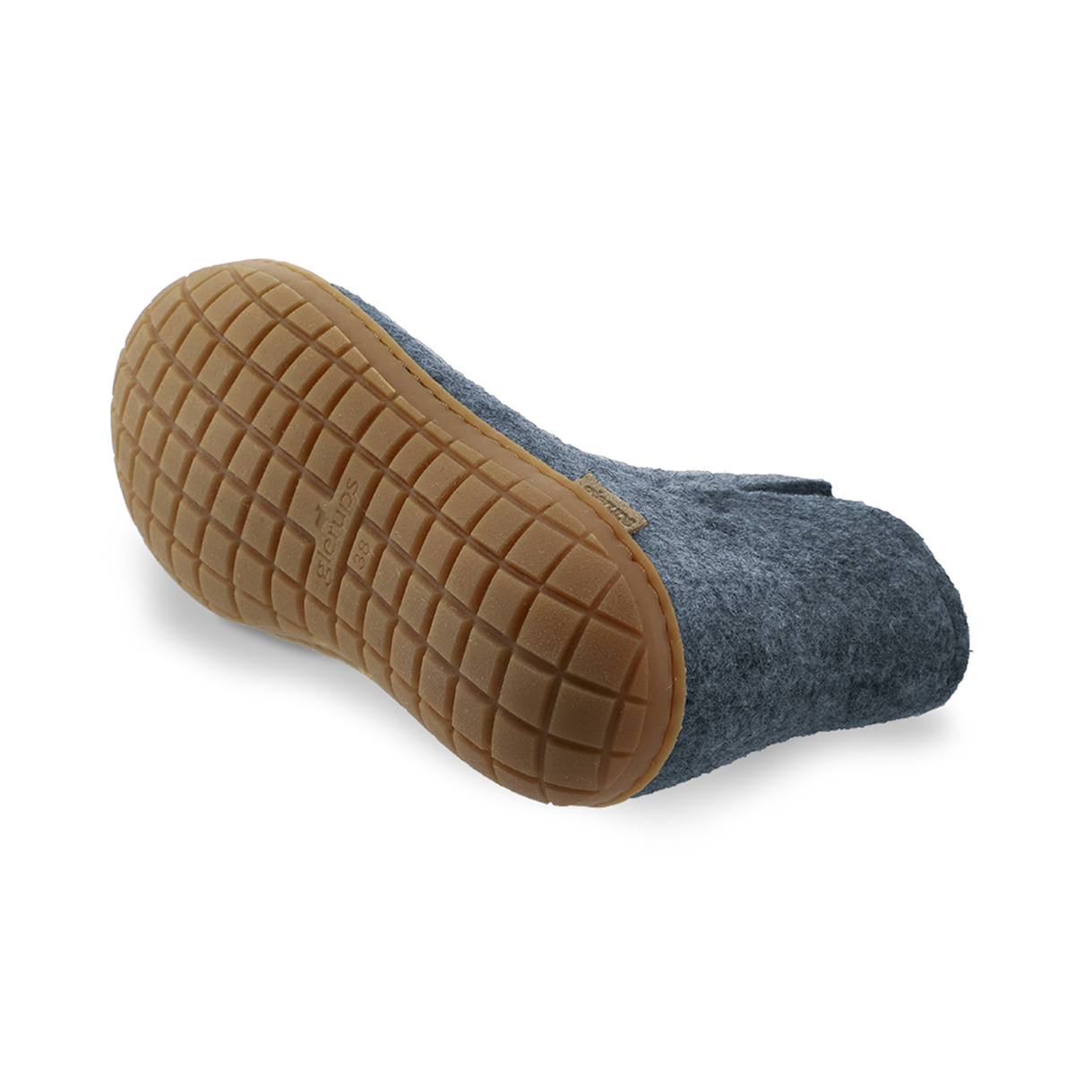Bottom view of a Denim wool boot with a natural rubber sole.