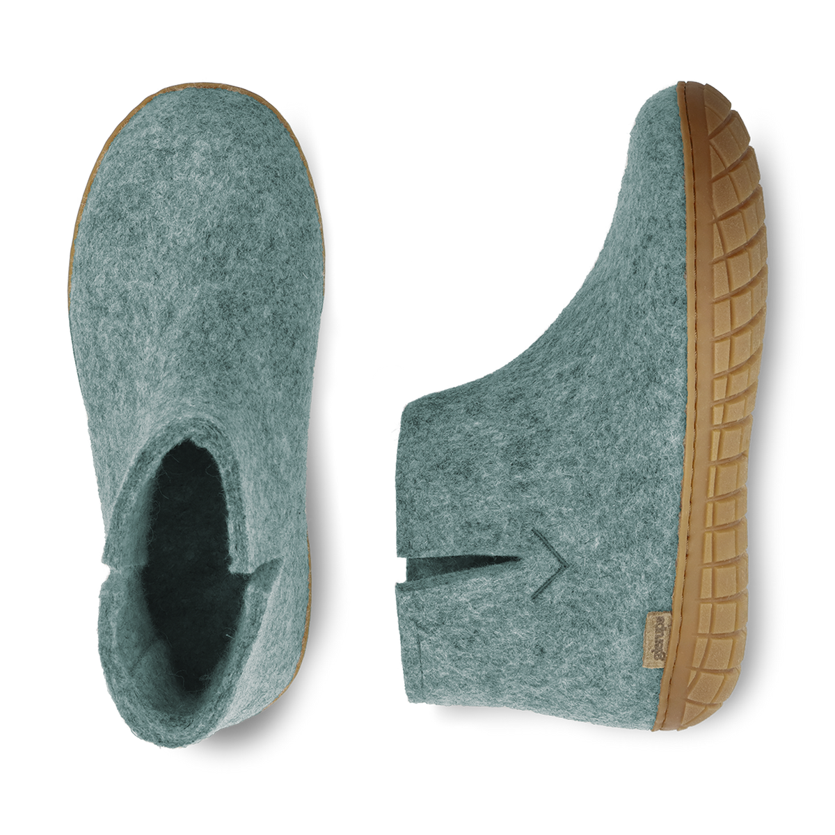 Side view and top view of a North Sea wool boot with a natural rubber sole on a white background.