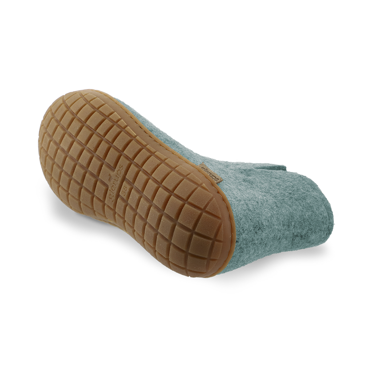 Bottom view of a north sea wool boot with a natural rubber sole on a white background.