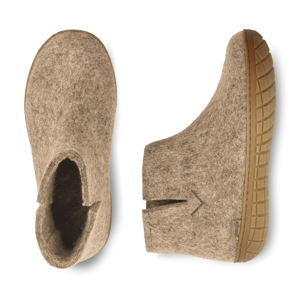 Top and bottom view of a Sand wool boot with a natural rubber sole.