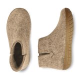 Top and bottom view of a Sand wool boot with a natural rubber sole.