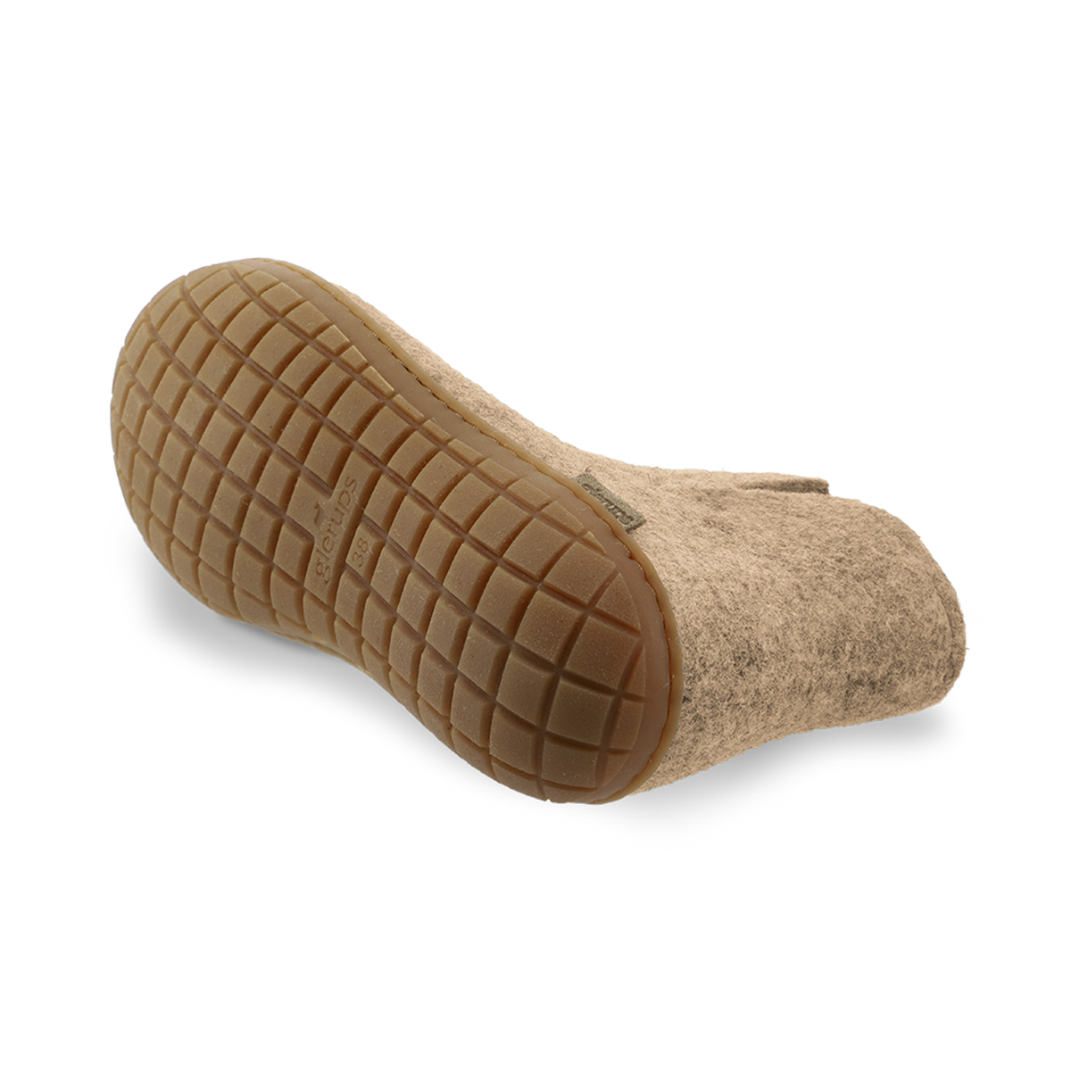 Bottom view of a Sand wool boot with a natural rubber sole.
