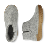 Top and bottom view of a Grey wool boot with a natural rubber sole.