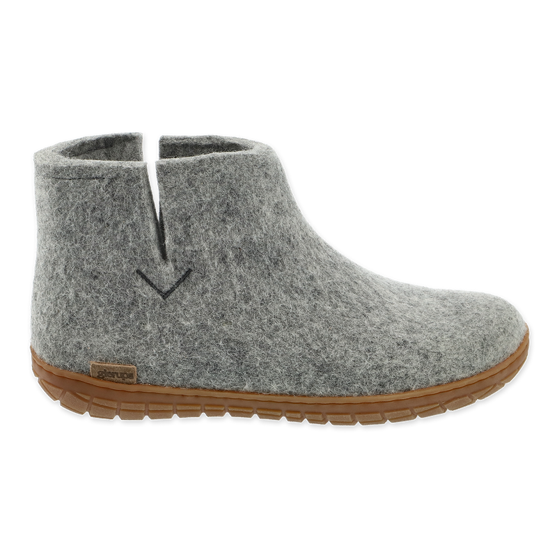 Grey wool boot with a natural rubber sole.