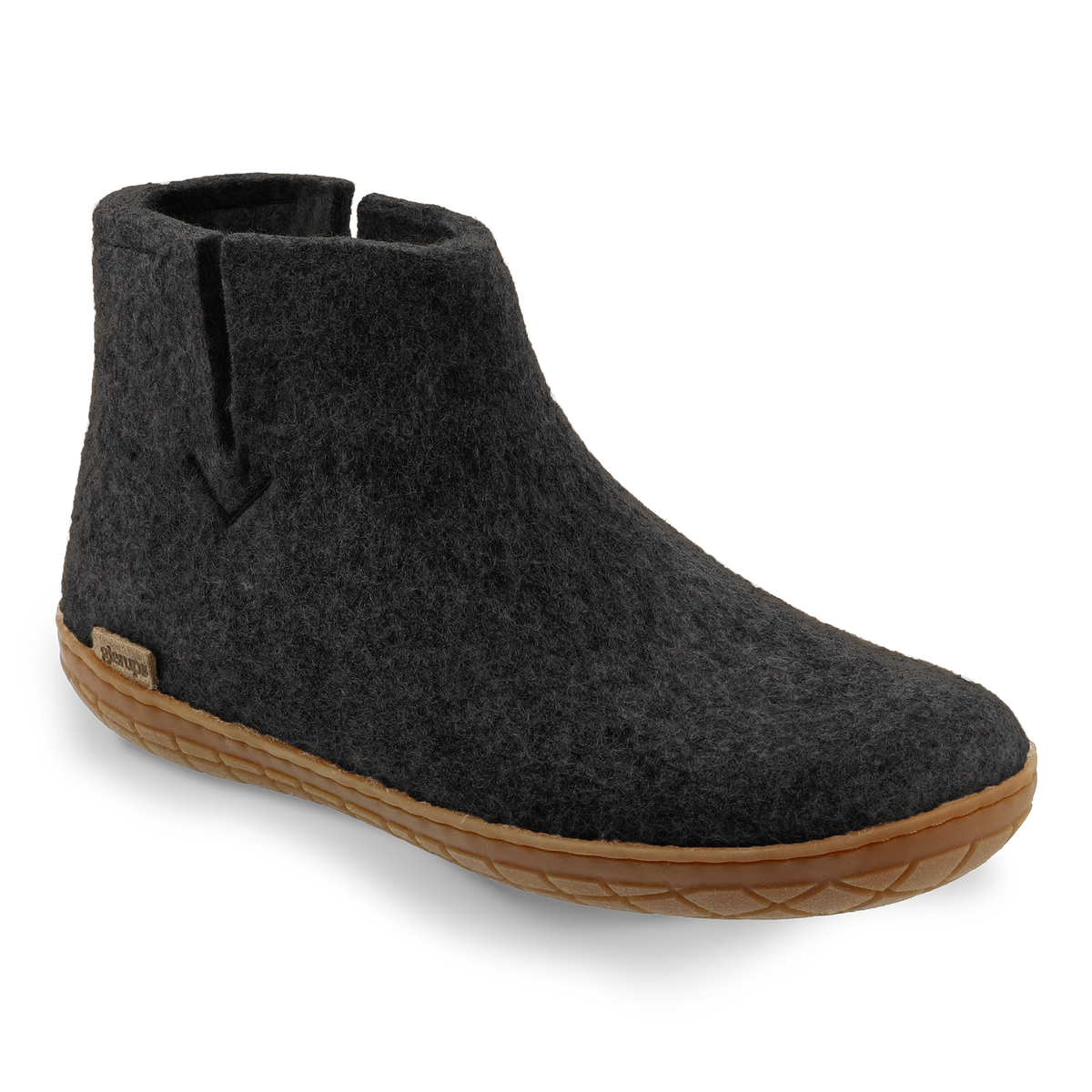 Charcoal wool boot with a natural rubber sole on a white background
