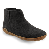 Charcoal wool boot with a natural rubber sole on a white background