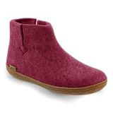 Cranberry wool boot with natural rubber sole on a white background.