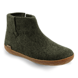 Forrest green wool boot with a natural rubber sole on a white background